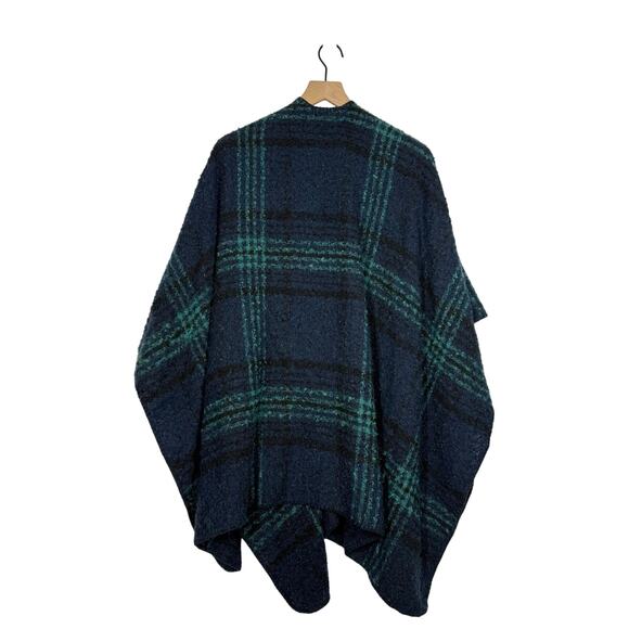 Woolrich Poncho Shawl Wrap One Size Navy Blue Green Tartan Plaid Open Front - Picture 2 of 8